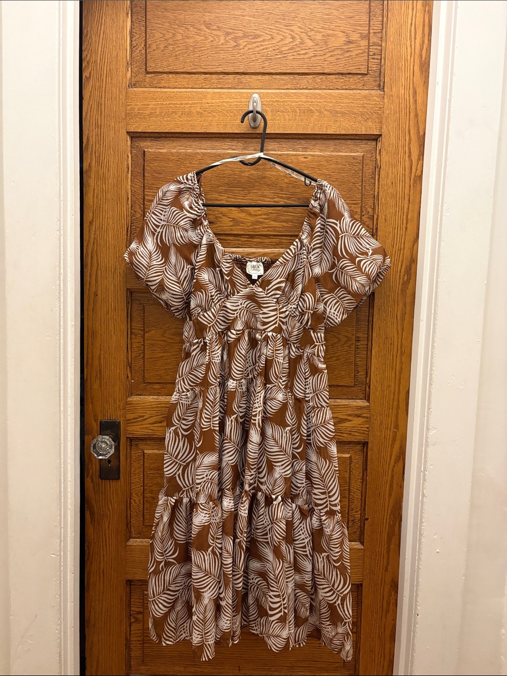 Brown and White Leaf-Print Tiered Midi Dress
